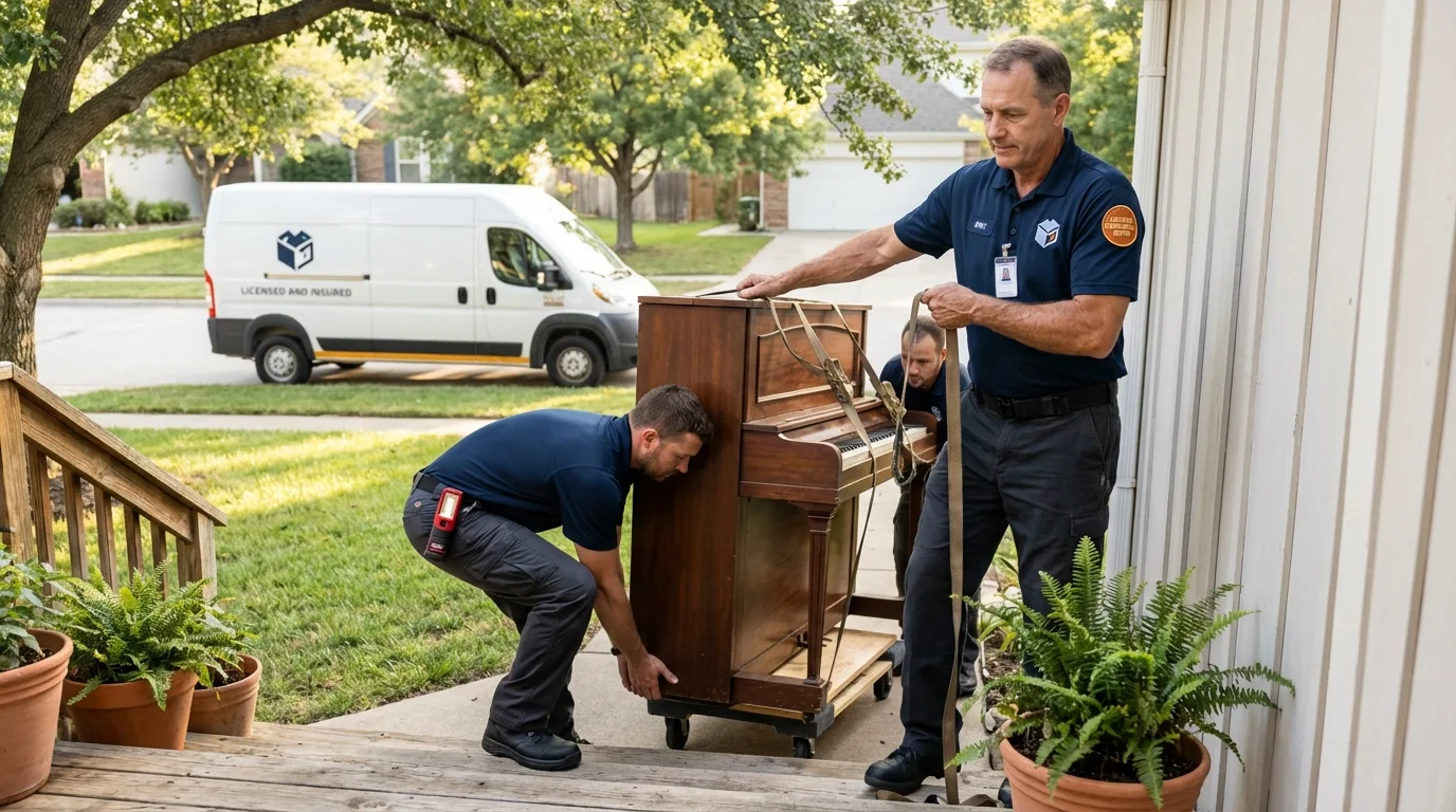 Licensed piano movers securing grand piano in Wallace, ID
