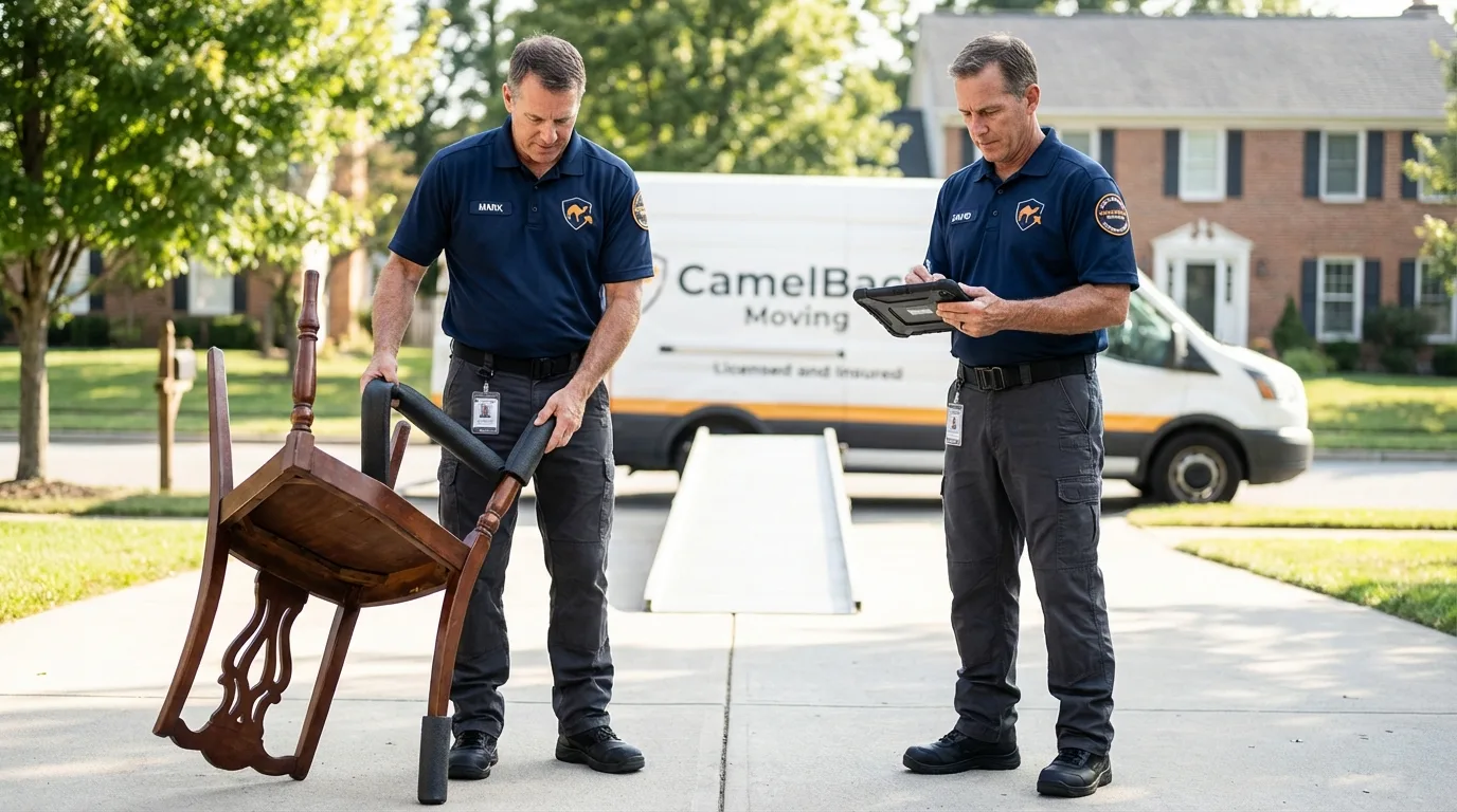 Movers inspecting furniture for damage prevention before loading in Wallace, ID